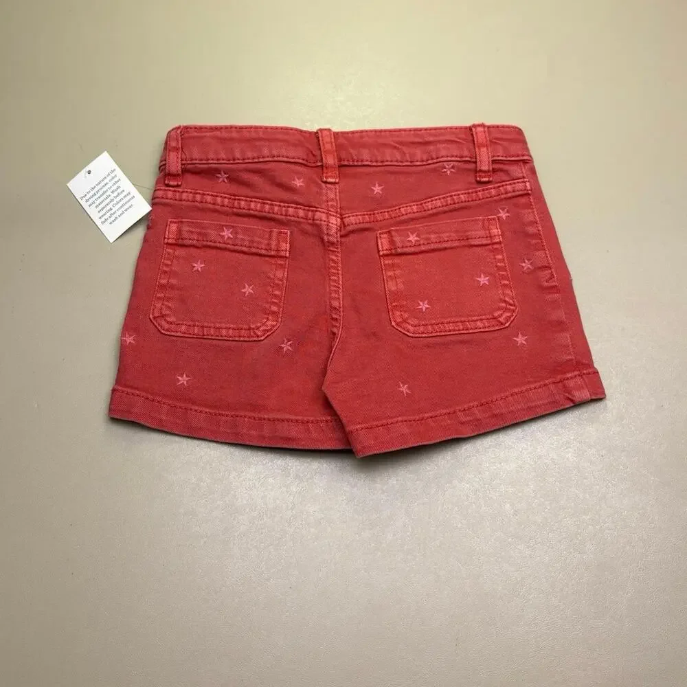NWT Cat & Jack Girls 5T Red Star Print Mid Rise Stretch Denim Shorts Adjustable